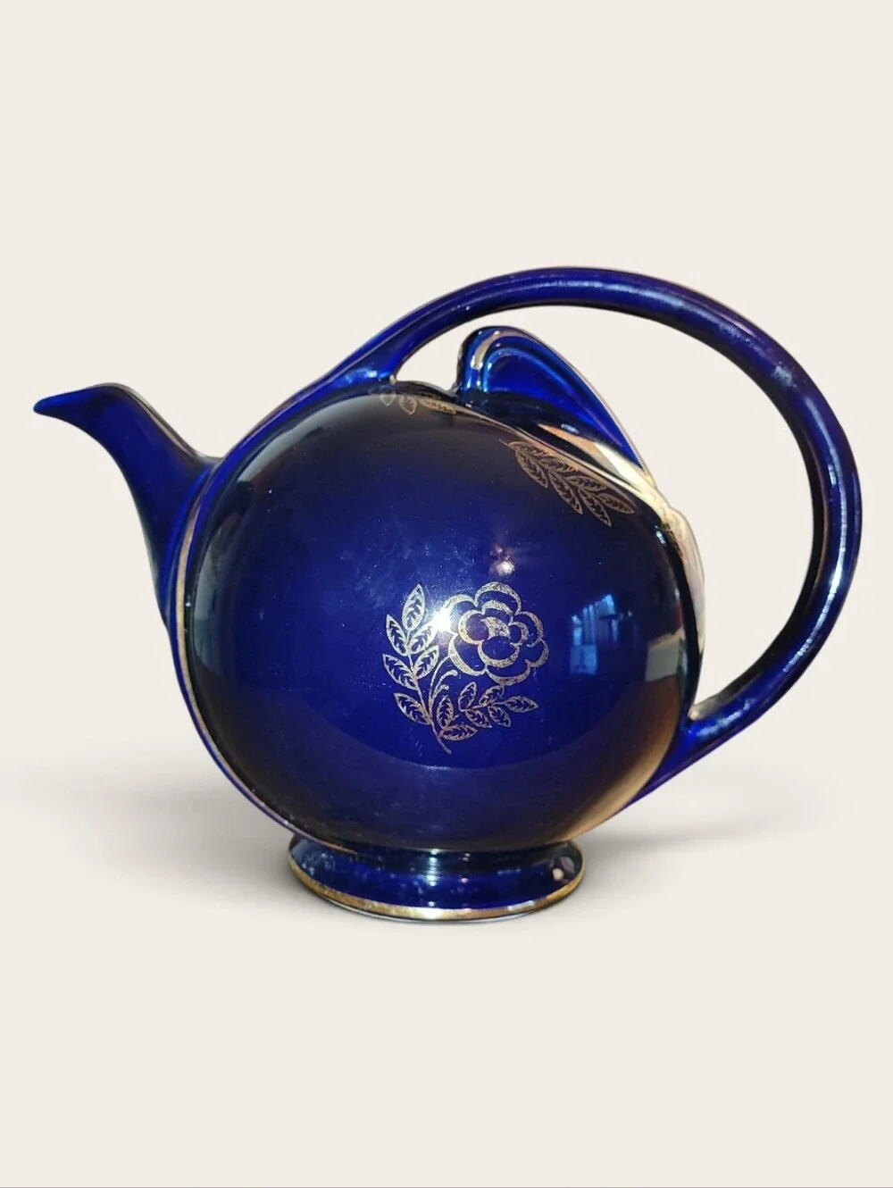 Antique Cobalt Blue Ceramic Airflow Teapot with Gold Floral Rose Accent & Trim